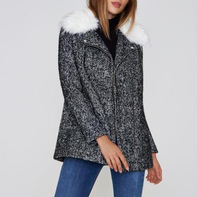 River Island Womens Tweed Faux Fur Collar Biker Coat
