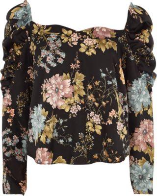 River Island Womens Floral Ruched Sleeve Sweetheart Top
