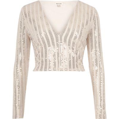 River Island Womens Blush Plunge Sequin Crop Top