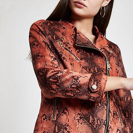 River Island Womens Snake Print Faux Suede Biker Jacket