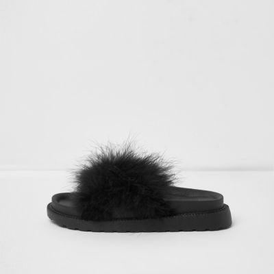 River Island Womens Cross Strap Feather Sliders