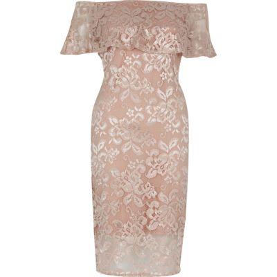 River Island Womens Nude Lace Bardot Bodycon Dress