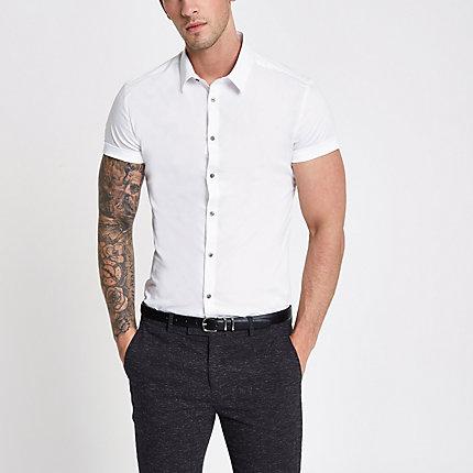 River Island Mens White Muscle Fit Short Sleeve Button-up Shirt