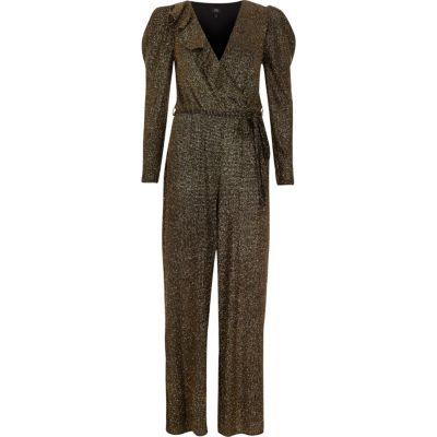 River Island Womens Gold Metallic Glitter Frill Wrap Jumpsuit