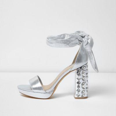 River Island Womens Silver Embellished Tie Up Platform Heels