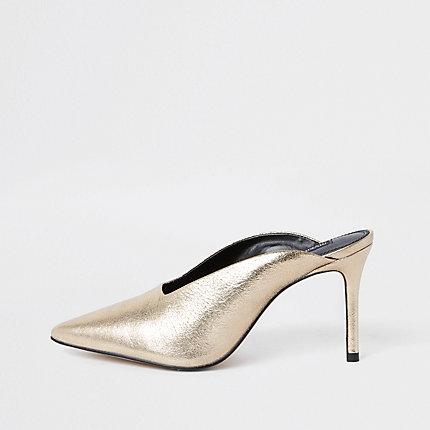 River Island Womens Gold Leather Pointed Toe Slim Heel Mules
