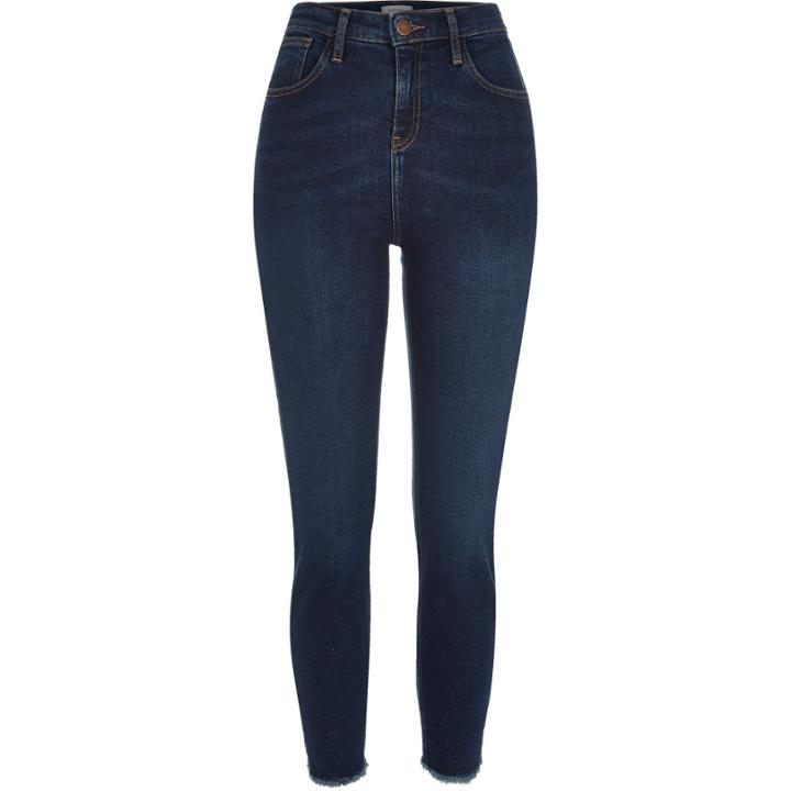 River Island Womens Dark Wash Raw Hem High Waisted Skinny Jeans