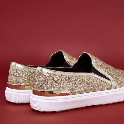 River Island Womens Gold Glitter Slip On Plimsolls