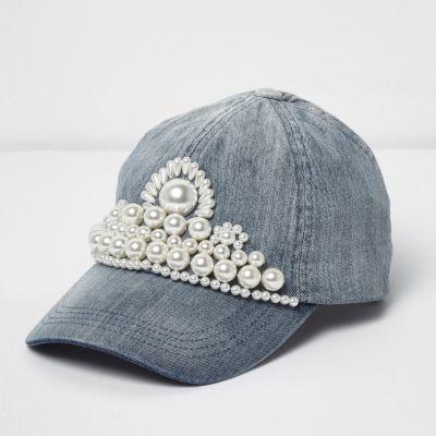 River Island Womens Faux Pearl Embellished Denim Cap