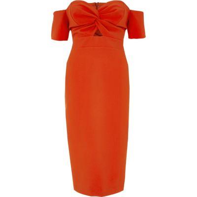 River Island Womens Knot Front Bardot Bodycon Midi Dress