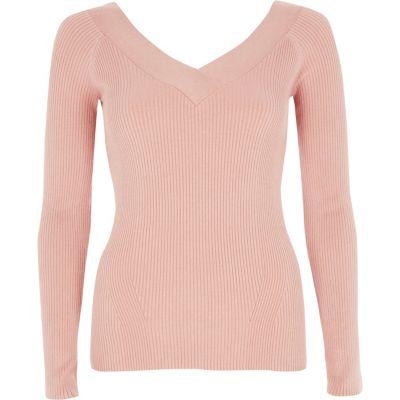 River Island Womens Ribbed Fitted V Neck Top
