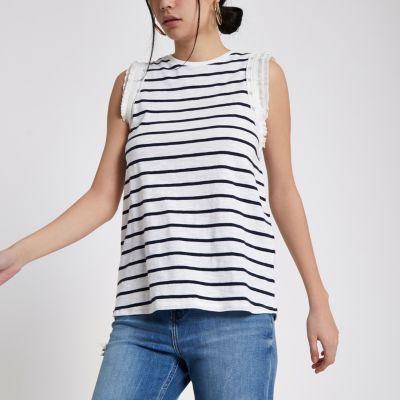 River Island Womens White Stripe Frill Sleevek Top