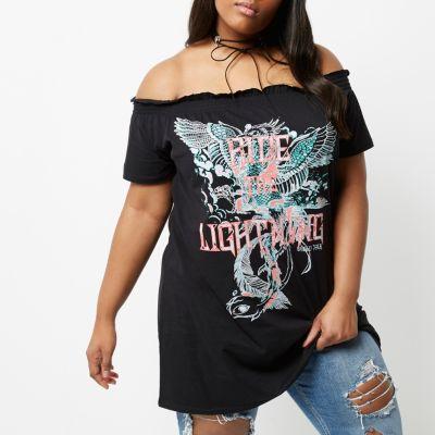 River Island Womens Plus Band Print Shirred Bardot T-shirt