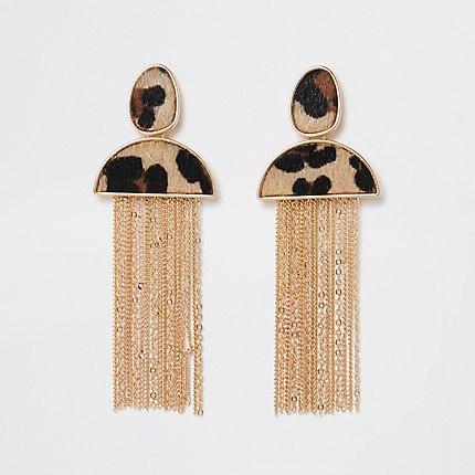 River Island Womens Gold Color Leopard Tassel Earrings