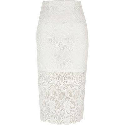 River Island Womens White Lace Pencil Skirt