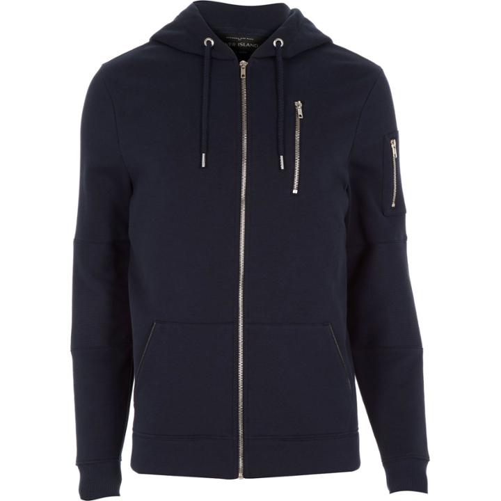 River Island Mensnavy Zip Pocket Long Sleeve Hoodie