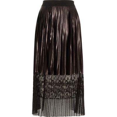 River Island Womens Silver Metallic Pleated Lace Hem Midi Skirt
