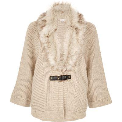 River Island Womens Oatmeal Faux Fur Trim Cape Cardigan