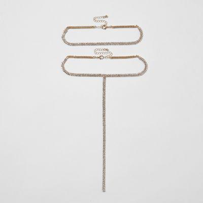 River Island Womens Gold Tone Rhinestone Plunge Choker Pack