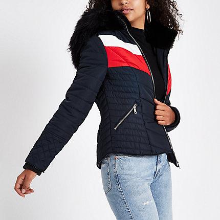 River Island Womens Faux Fur Hooded Chevron Padded Jacket