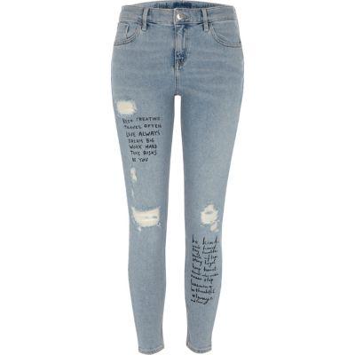 River Island Womens Slogan Ripped Amelie Super Skinny Jeans