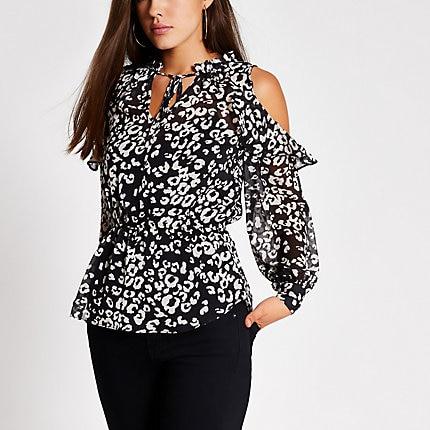 River Island Womens Printed Tie Neck Cold Shoulder Blouse