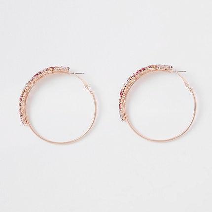 River Island Womens Rose Gold Color Jewelled Hoop Earrings