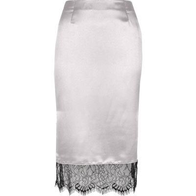 River Island Womens Silver Satin Lace Hem Pencil Skirt