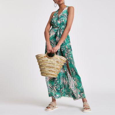 River Island Womens Leaf Print Split Wide Leg Jumpsuit