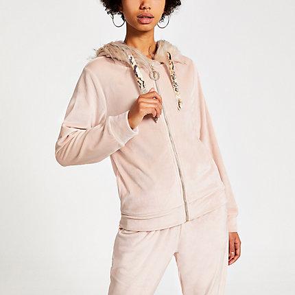 River Island Womens Velour Faux Fur Trim Hoodie