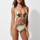River Island Womens Gold Metallic Ring Strappy Swimsuit