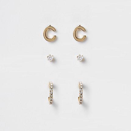 River Island Womens Gold Plated 'c' Cubic Zirconia Stud Multipack