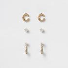 River Island Womens Gold Plated 'c' Cubic Zirconia Stud Multipack