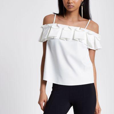 River Island Womens White Frill Bardot Cami Strap Top