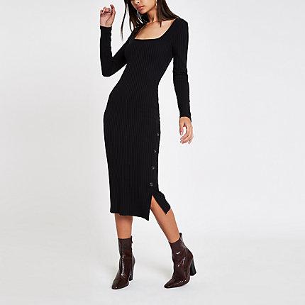 River Island Womens Ribbed Square Neck Bodycon Midi Dress