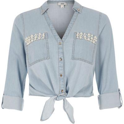 River Island Womens Embellished Cropped Denim Shirt