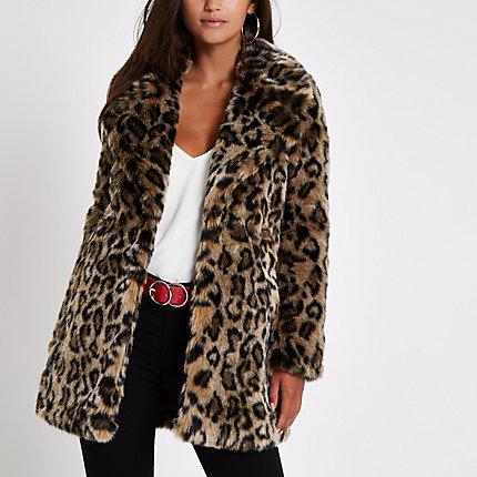 River Island Womens Petite Leopard Print Faux Fur Coat