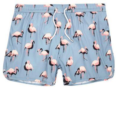 River Island Mensblue Flamingo Print Runner Swim Trunks