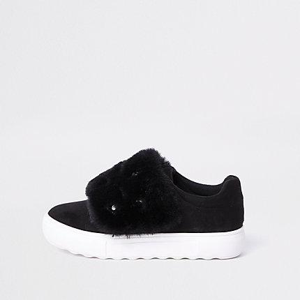 River Island Womens Faux Fur Gem Sneakers