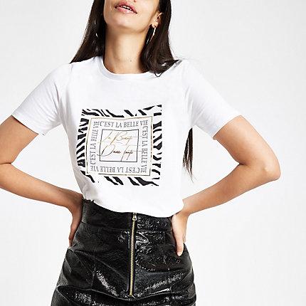 River Island Womens White 'c'est La Belle' Print Fitted T-shirt