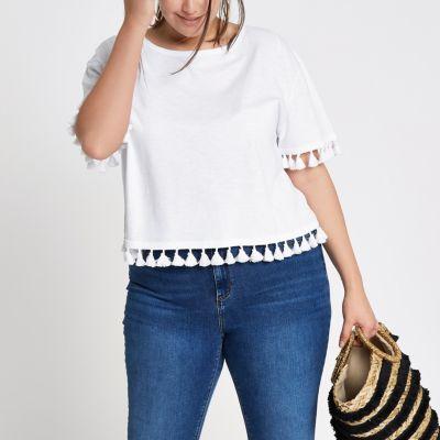 River Island Womens Plus White Pom Pom Trim T-shirt