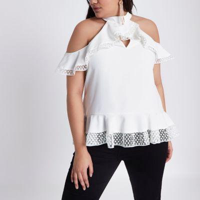 River Island Womens Plus Cold Shoulder Frill Peplum Top