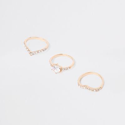 River Island Womens Gold Tone Diamante Ring Multipack