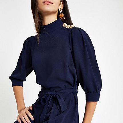 River Island Womens Button Trim Tie Waist Swing Dress