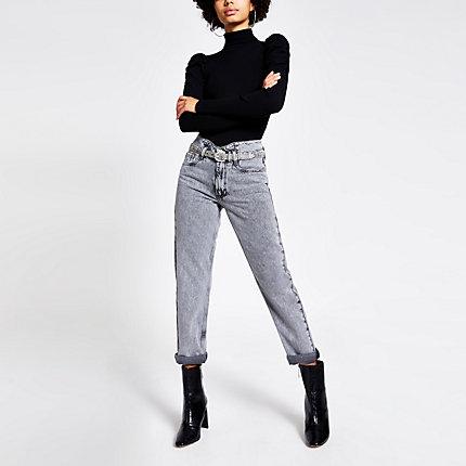 River Island Womens Acid Wash Mom High Rise Jeans