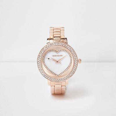 River Island Womens Rose Gold Tone Diamante Heart Watch