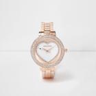 River Island Womens Rose Gold Tone Diamante Heart Watch