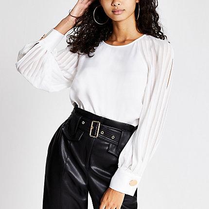 River Island Womens White Pleated Split Long Sleeve Top