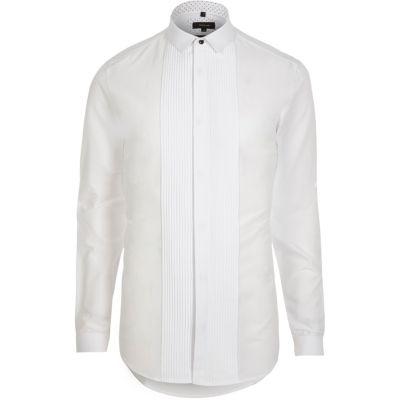 River Island Mens White Pleated Long Sleeve Slim Fit Shirt