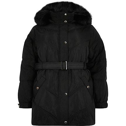 River Island Womens Plus Faux Fur Hood Belted Puffer Coat